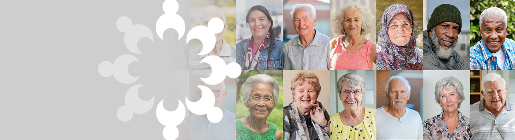 A collage of images of multicultural older adults smiling